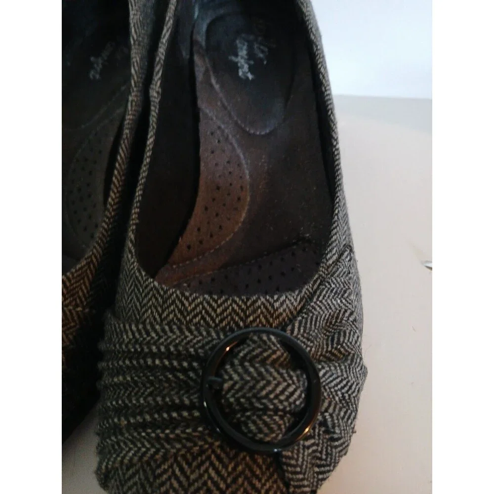 DexFlex Sport Comfort Wedge Gray-Black Plaid Round Buckle Knot  Design  Size-9
